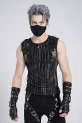 Black Sleeveless Ribbed Print Stitching Mesh Zipper Men's Gothic Vest